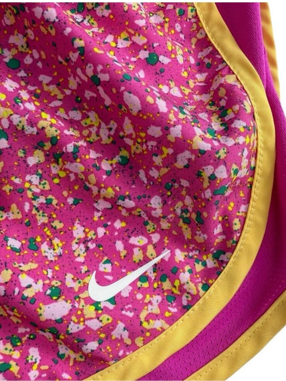 Nike Pink Speckled Athletic Shorts with Yellow Trim